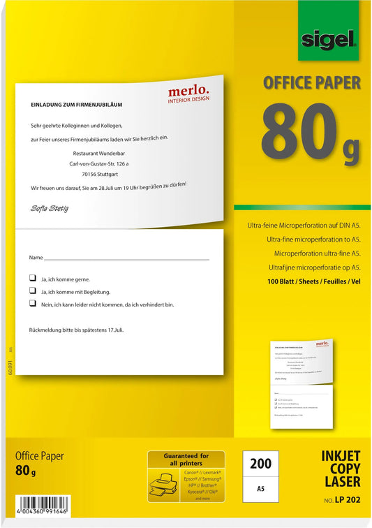 SIGEL Spezialpapier A4 LP202 weiss, 200 Stk.A5 / 100 Bl. Idealshop