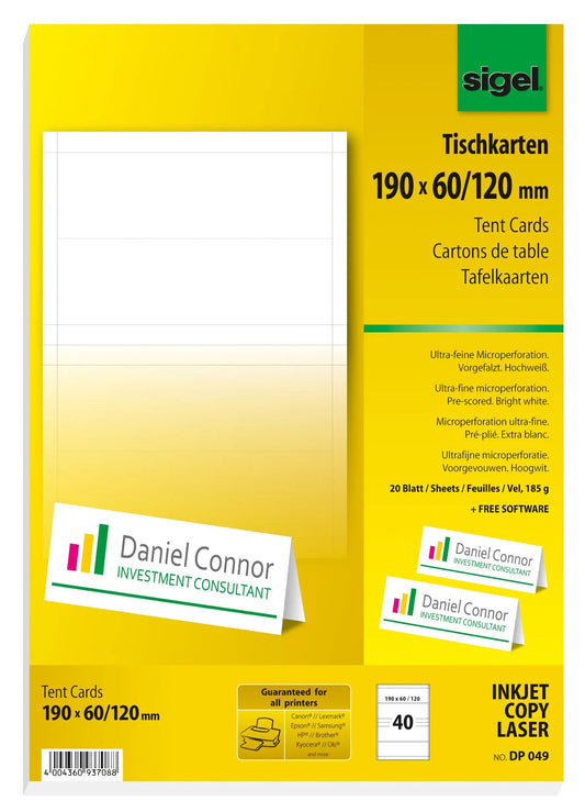 SIGEL Tischkarten 190x60mm DP049 weiss, 185g 40 Stück Idealshop