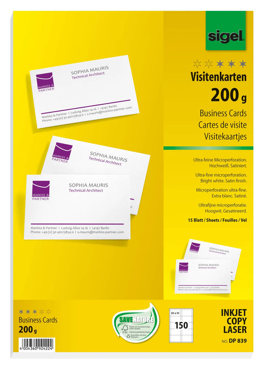 SIGEL Visitenkarten 85x55mm DP839 weiss, 200g doppels. 150 Stück Idealshop