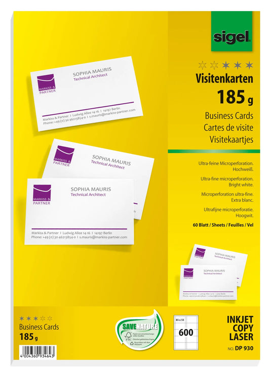 SIGEL Visitenkarten 85x55mm DP930 weiss, 185g doppels. 600 Stück Idealshop
