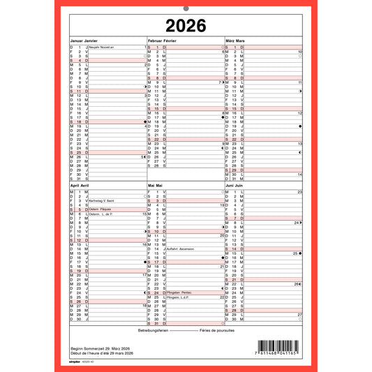 SIMPLEX Wandkalender 2026 4032040.26 6M/1S rot/weiss DE/FR A4 hoch Idealshop