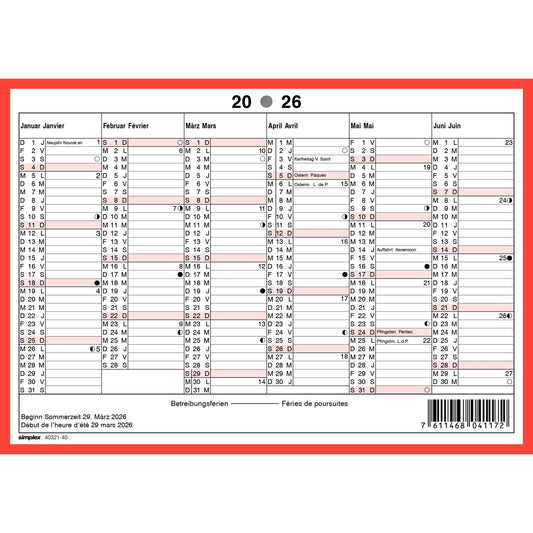 SIMPLEX Wandkalender 2026 4032140.26 6M/1S rot/weiss DE/FR A5 quer Idealshop