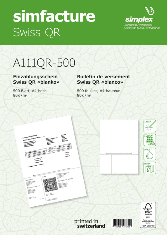 SIMPLEX Simfacture Swiss QR FSC A4 A111QR-500 univ.perforiert, 80g 500 Blatt Idealshop