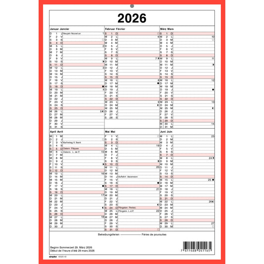 SIMPLEX Wandkalender 2026 4032040.26 6M/1S rot/weiss DE/FR A4 hoch Idealshop