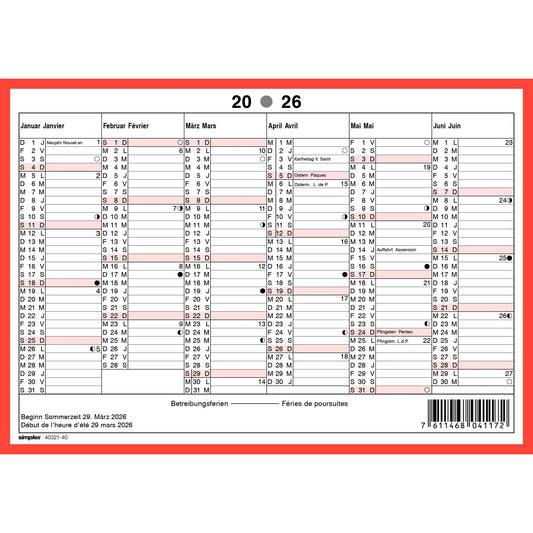 SIMPLEX Wandkalender 2026 4032140.26 6M/1S rot/weiss DE/FR A5 quer Idealshop