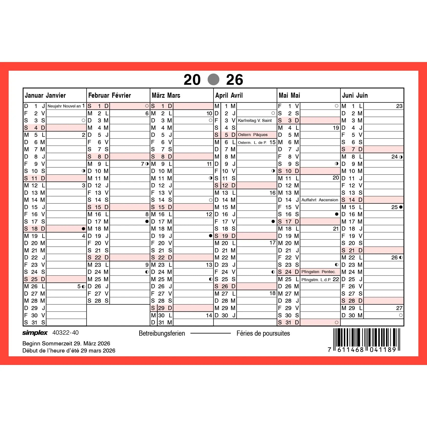 SIMPLEX Wandkalender 2026 4032240.26 6M/1S rot/weiss DE/FR A6 quer Idealshop