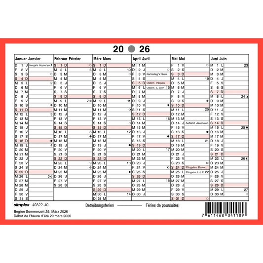SIMPLEX Wandkalender 2026 4032240.26 6M/1S rot/weiss DE/FR A6 quer Idealshop