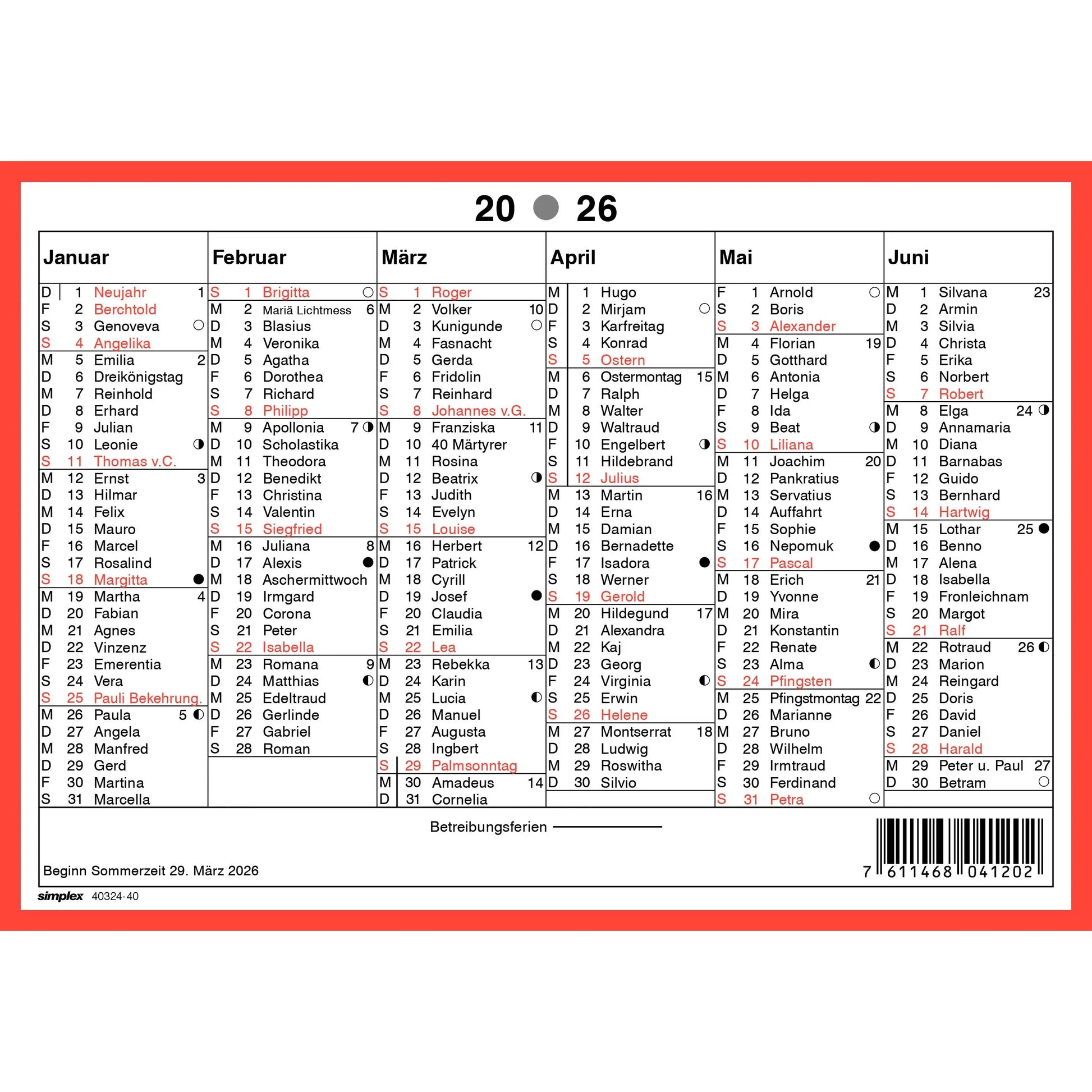 SIMPLEX Wandkalender m.Namenstag 2026 4032440.26 6M/1S rot/weiss DE A5 quer Idealshop