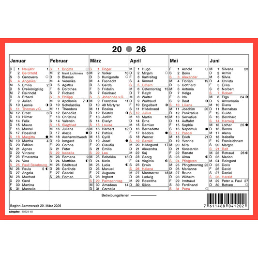 SIMPLEX Wandkalender m.Namenstag 2026 4032440.26 6M/1S rot/weiss DE A5 quer Idealshop