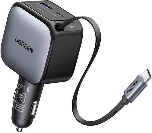 UGREEN Fast Car Charger 2-Port 60W 55212B Retractable Cable Idealshop