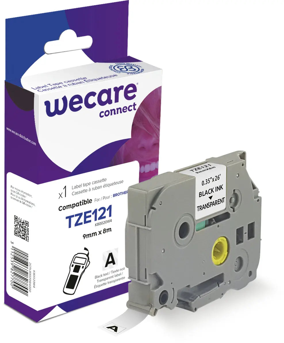 WECARE Band, laminiert schwarz/klar TZe-121WE ersetzt Ptouch Tze-121 9mm Idealshop