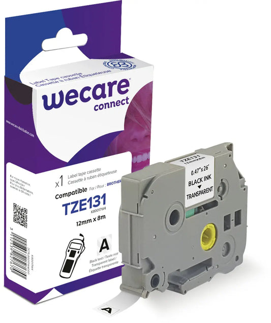 WECARE Band, laminiert schwarz/klar TZe-131WE ersetzt Ptouch Tze-131 12mm Idealshop